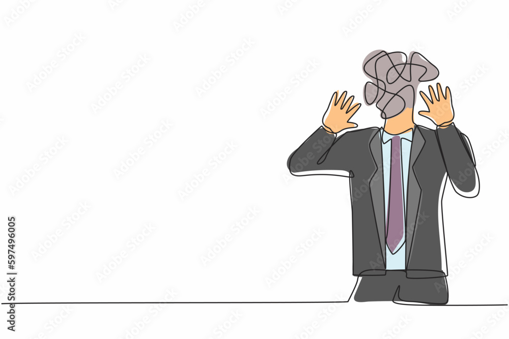 Poster continuous one line drawing businessman with round scribbles instead of a head. man shocked, afraid,