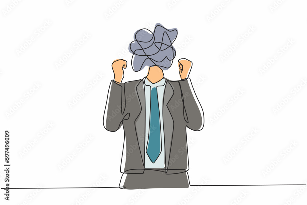 Poster single one line drawing businessman with round scribbles instead of a head. angry man raised fist an