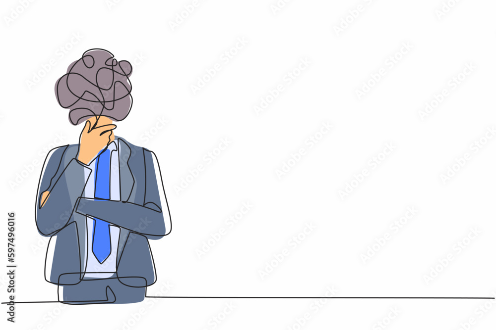 Poster single continuous line drawing businessman with round scribbles instead of head. male manager in for