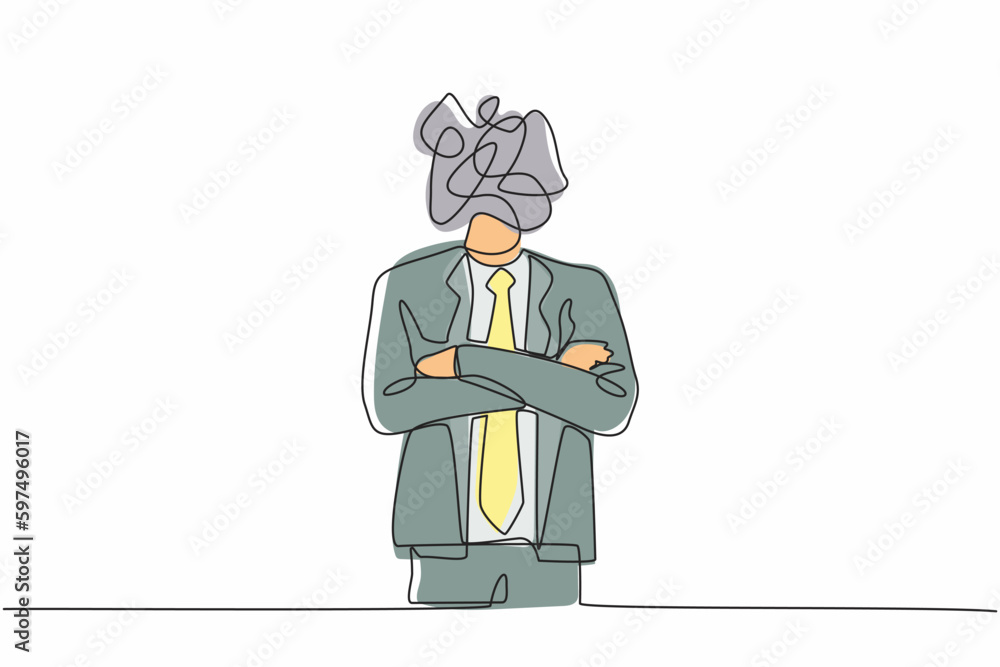Poster single one line drawing businessman with round scribbles instead of head. executive manager in keepi