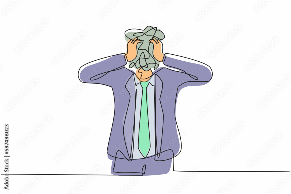 Poster single one line drawing businessman with round scribbles instead of a head. confusion and mess feeli