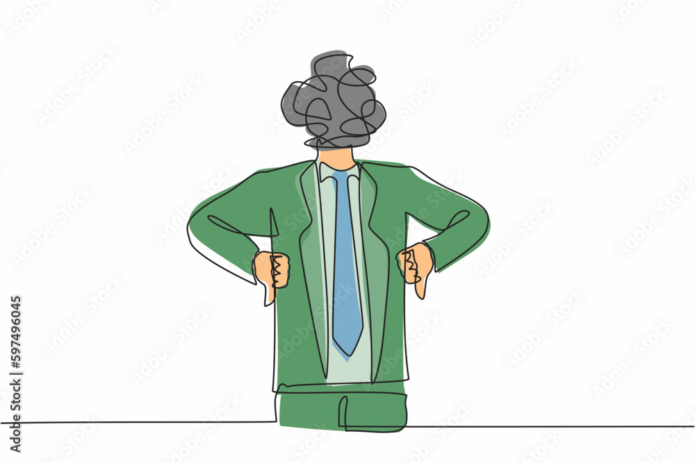Poster single continuous line drawing businessman with round scribbles instead of head. confused male manag