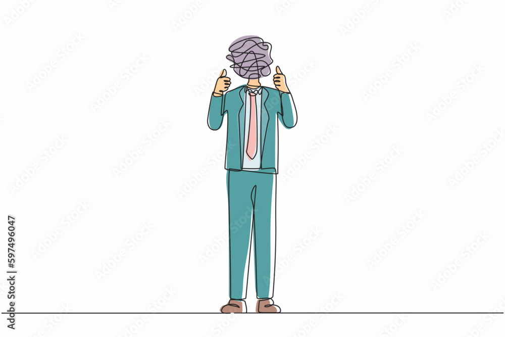 Poster single one line drawing businessman with round scribbles instead of a head. confused male manager st