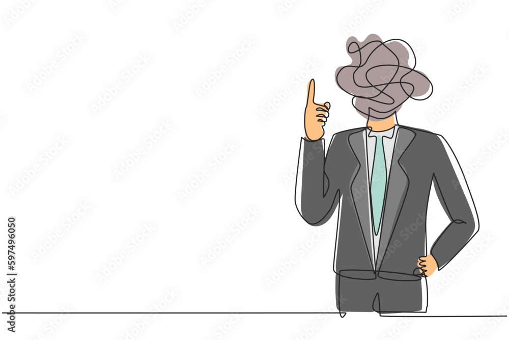Poster continuous one line drawing businessman with round scribbles instead of a head. male manager represe