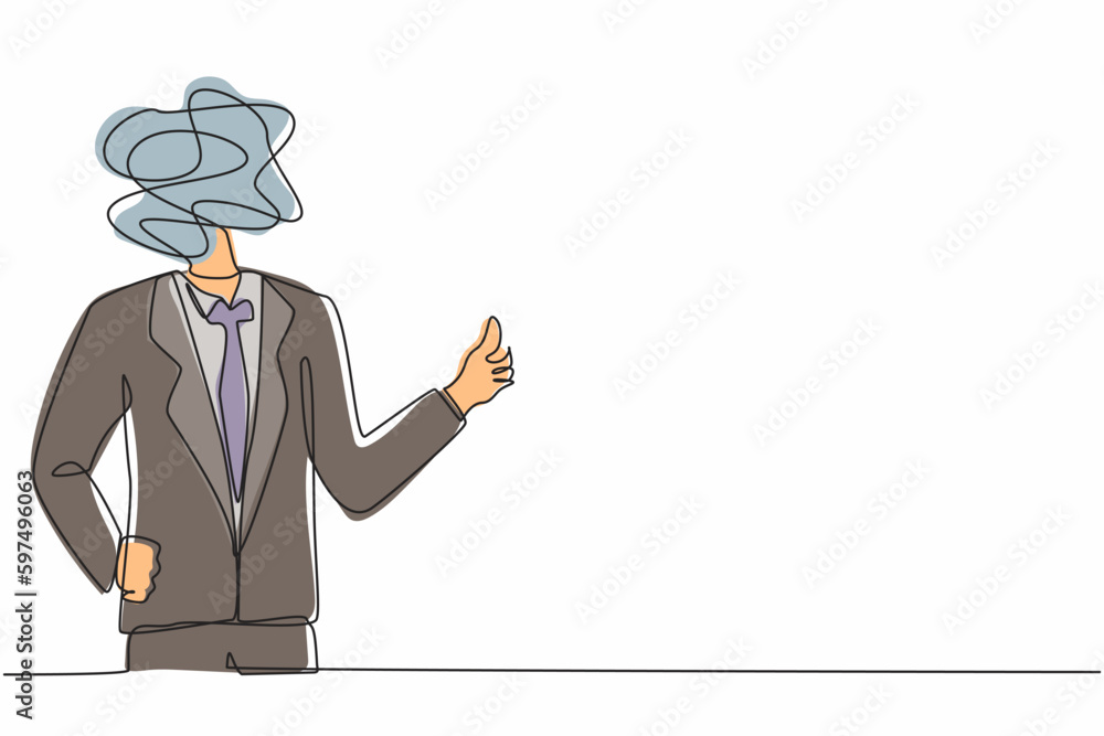Aufkleber single continuous line drawing businessman with round scribbles instead of a head. male manager show