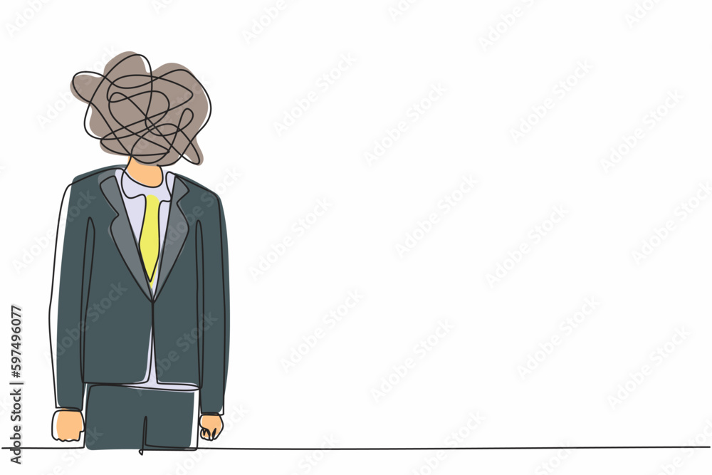 Poster single continuous line drawing businessman with round scribbles instead of head. frustrated man. anx