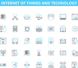 Internet of things and technology linear icons set. Connected, Smart, Automation, Sensors, Wireless, Data, Cloud line vector and concept signs. Analytics,Efficiency,Security outline illustrations