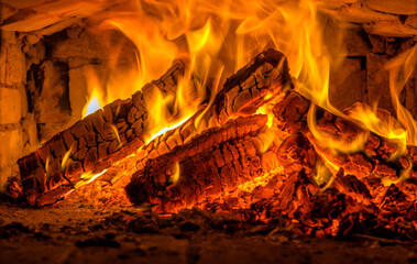 A few birch logs burning in the fireplace
