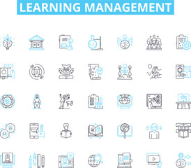 Learning management linear icons set. Education, Curriculum, Assessment, Collaboration, Pedagogy, E-learning, Curriculum design line vector and concept signs. Learning outcomes,Instruction,Competency