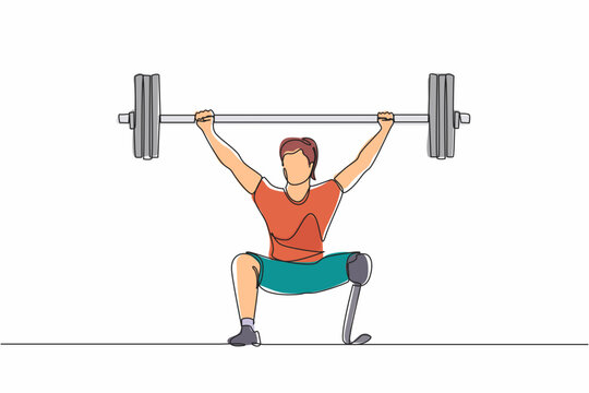 Single continuous line drawing disabled woman weightlifter with amputated legs. Female amputee, heavyweight sportswoman. Bionic prosthetic improving life quality. One line design vector illustration