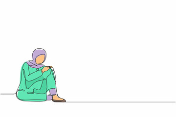 Continuous one line drawing very sad Arab businesswoman sitting alone on floor. Depressed young woman disorder, sad, sorrow, disappointment symptom. Single line draw design vector graphic illustration