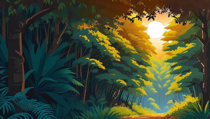 Forest background with sun in the middle of the forest. Vector illustration.