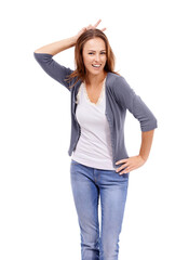 Portrait, peace sign and woman with a smile, funny and silly girl isolated against a transparent background. Face, female person and happy model with v emoji, casual outfit and happiness with png