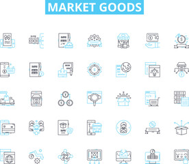market goods linear icons set. Products, Sales, Consumption, Retail, Merchandise, Supply, Demand line vector and concept signs. Distribution,Inventory,Wares outline illustrations