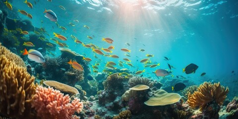 An underwater shot of a school of fish swimming near a coral reef, displayed against a vibrant, colorful background, concept of Biodiversity, created with Generative AI technology