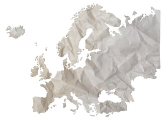 Europe map paper texture cut out on white background.