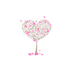 Obraz na płótnie Canvas Beautiful decorative blossoming tree in heart shape and flying butterflies for Valentine’s day, wedding, birthday, baby arrival, mother’s day greeting card and invitations on white background