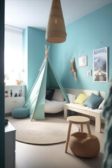 Modern apartment kids room design in neutral color palette with touches of ocean-inspired blues and greens. Generative AI