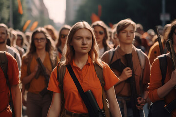 armed demonstrating protesting youths teenagers girls and boys on the street and blocking the street, violent and violent, wearing safety vests. Generative AI