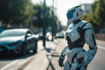 a robot in the city on a street, policeman or life as a robot, fictional place, humanoid android with artificial intelligence. Generative AI