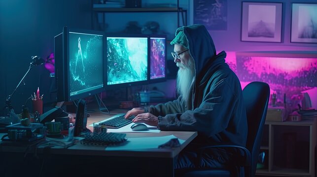 An elderly man at a computer in a neon room. Senior man working using a futuristic computer.  Elderly grandfather working on computer. Generative AI 