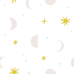 Fototapeta na wymiar Moon and Stars seamless pattern. Vector celestial texture with different Moons and shiny Stars. Abstract Lunar background