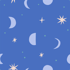 Obraz na płótnie Canvas Moon and Stars seamless pattern. Vector celestial texture with different Moons and shiny Stars. Abstract Lunar background