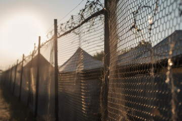 Fototapeta premium tent city, fictional place, refugee camp made of tents. Generative AI