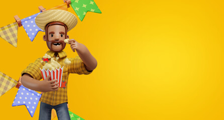 Festa junina background with pennants and popcorn. 3d illustration