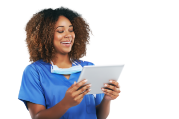Isolated doctor woman, tablet and laughing with meme, social media or blog by transparent png background. Female medic, african nurse or excited face for email, communication or chat with touchscreen