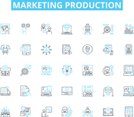Marketing production linear icons set. Strategy, Branding, Advertising, Campaigns, Design, Content, Production line vector and concept signs. Promotions,Sales,Analytics outline illustrations