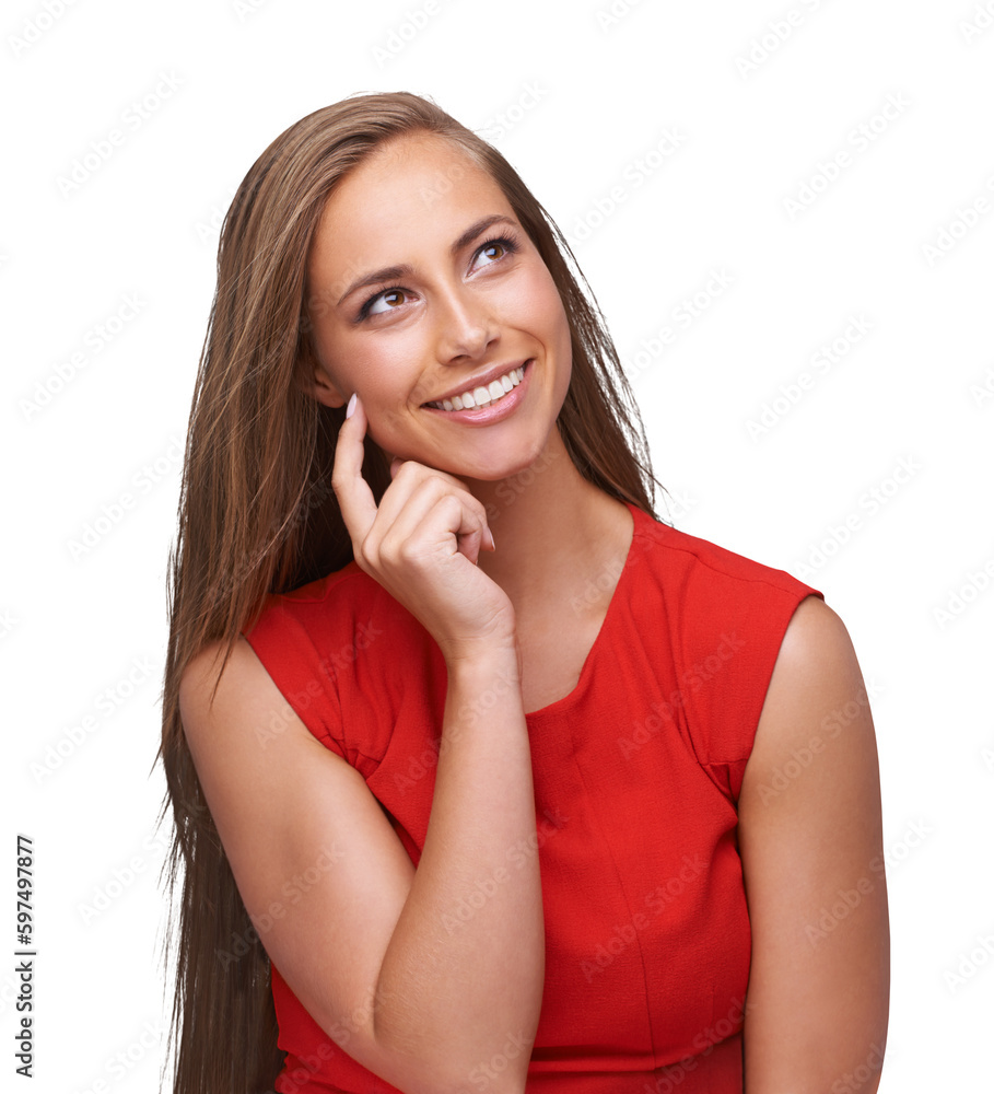 Canvas Prints Isolated woman, thinking and smile with ideas, decision and happiness by transparent png background. Girl, model and think with red clothes, happy and excited face for vision, future or brainstorming