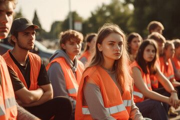 demonstrating protesting young people sit on the street and block the street, warning vests. Generative AI