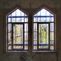 Fototapeta premium Two windows with bars and vines in an abandoned building