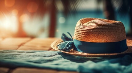 Summer hat on the exotic beach. Ai generative