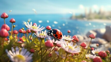 Summertime flowers and ladybug against sea background. Ai generative