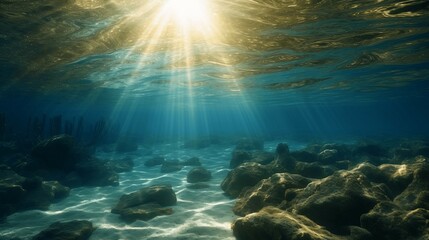 Fototapeta na wymiar Marine Majesty: Sunlight Piercing the Underwater Realm. Ai generative