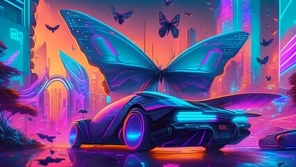 Futuristic Cyberpunk Abstract Background with Cyber Butterflies and Cyber town Car