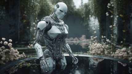 Fototapeta premium Futuristic robot surrounded by nature. Ai generative