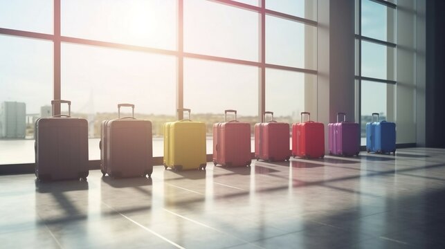Baggage Rainbow: Luggage Lineup in Travel Hub. Ai generative