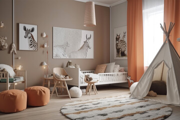 Modern apartment kids room design in neutral color palette and sleek Scandinavian furniture that maintains the room's clean lines and functional design. Generative AI