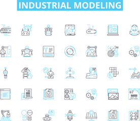 industrial modeling linear icons set. Factories, Manufacturing, Assembly, Automation, Robotics, D printing, Engineering line vector and concept signs. Machining,Simulation,Processes outline