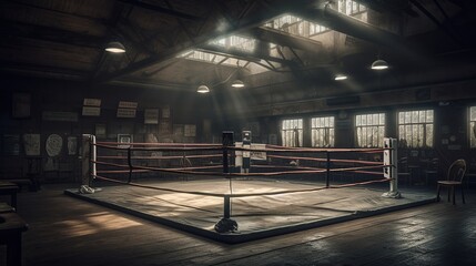 Empty boxing ring. An old vintage boxing ring surrounded by ropes spotlit in the middle on an isolated dark background. Generative AI