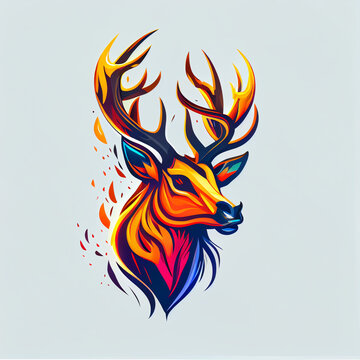 Colorful angry Flaming Deer head mascot logo isolated on white background