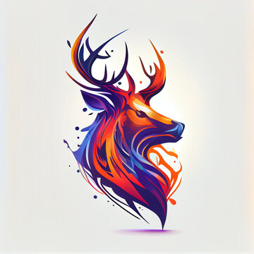 Colorful angry Flaming Deer head mascot logo isolated on white background