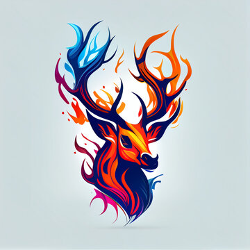 Colorful angry Flaming Deer head mascot logo isolated on white background