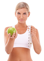 Apple, measuring tape and portrait of woman on png for diet, health and weight loss choice....