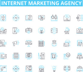 Internet marketing agency linear icons set. Optimization, Analytics, Strategy, Campaigns, Metrics, Content, SEO line vector and concept signs. SEM,PPC,Social media outline illustrations