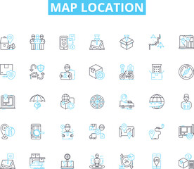 Map location linear icons set. Coordinates, Geolocation, Plot, Navigator, Area, Terrain, Mapquest line vector and concept signs. Navigation,Topography,Guide outline illustrations