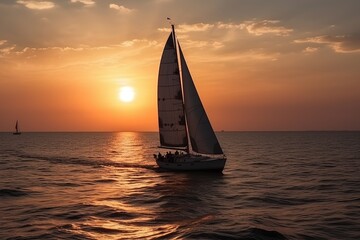 Obraz na płótnie Canvas yacht sails on the sea at sunset -Ai